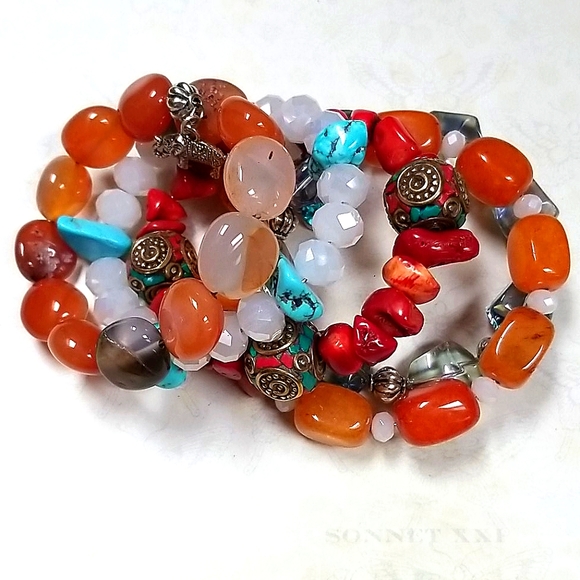 Hand Crafted Boho Beaded Agate, Coral, Turquoise and Amber Wrap Bracelet - Picture 5 of 16